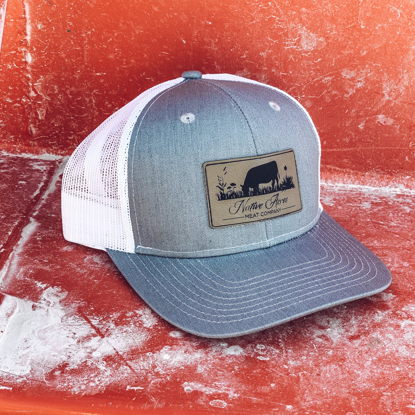 Native Acres Heather Gray/White Leather Patch Trucker Cap